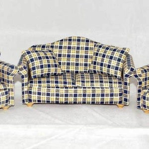 3 piece lounge suite, blue checked