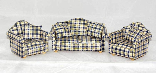 3 piece lounge suite, blue checked