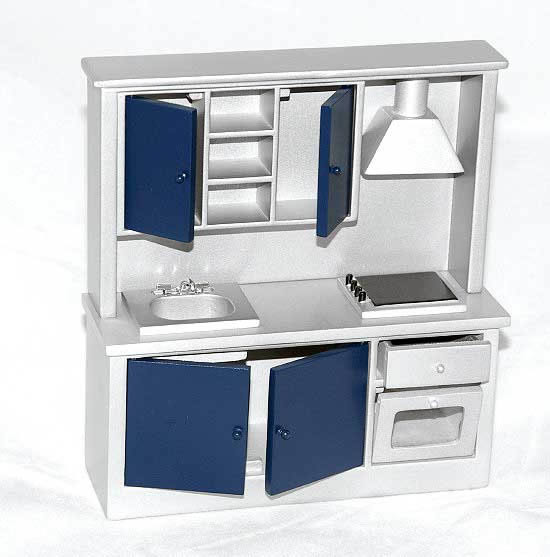 Silver with navy blue doors kitchen wall unit