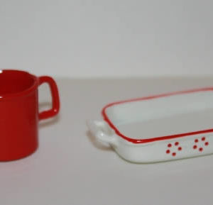 Red and cream  serving dish and jug