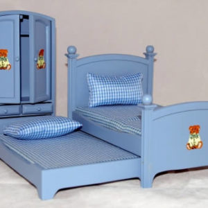 Blue trundle bed, wardrobe and bedside table