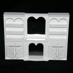 White wall cabinet with mirror and fireplace