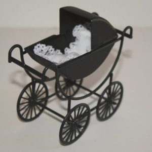 Old fashioned pram, black with bedding