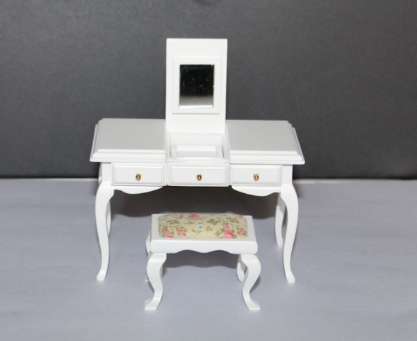 White timber vanity table with stool